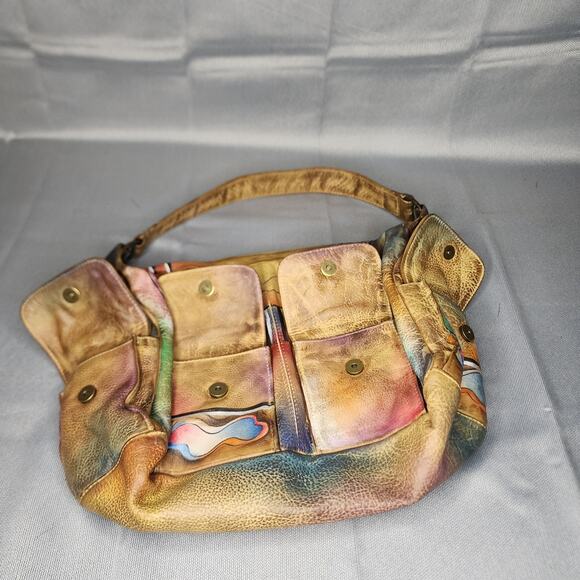 Anuschka Hand Painted Leather Satchel Multicolor Abstract Designs Shoulder Bag - Picture 7 of 12